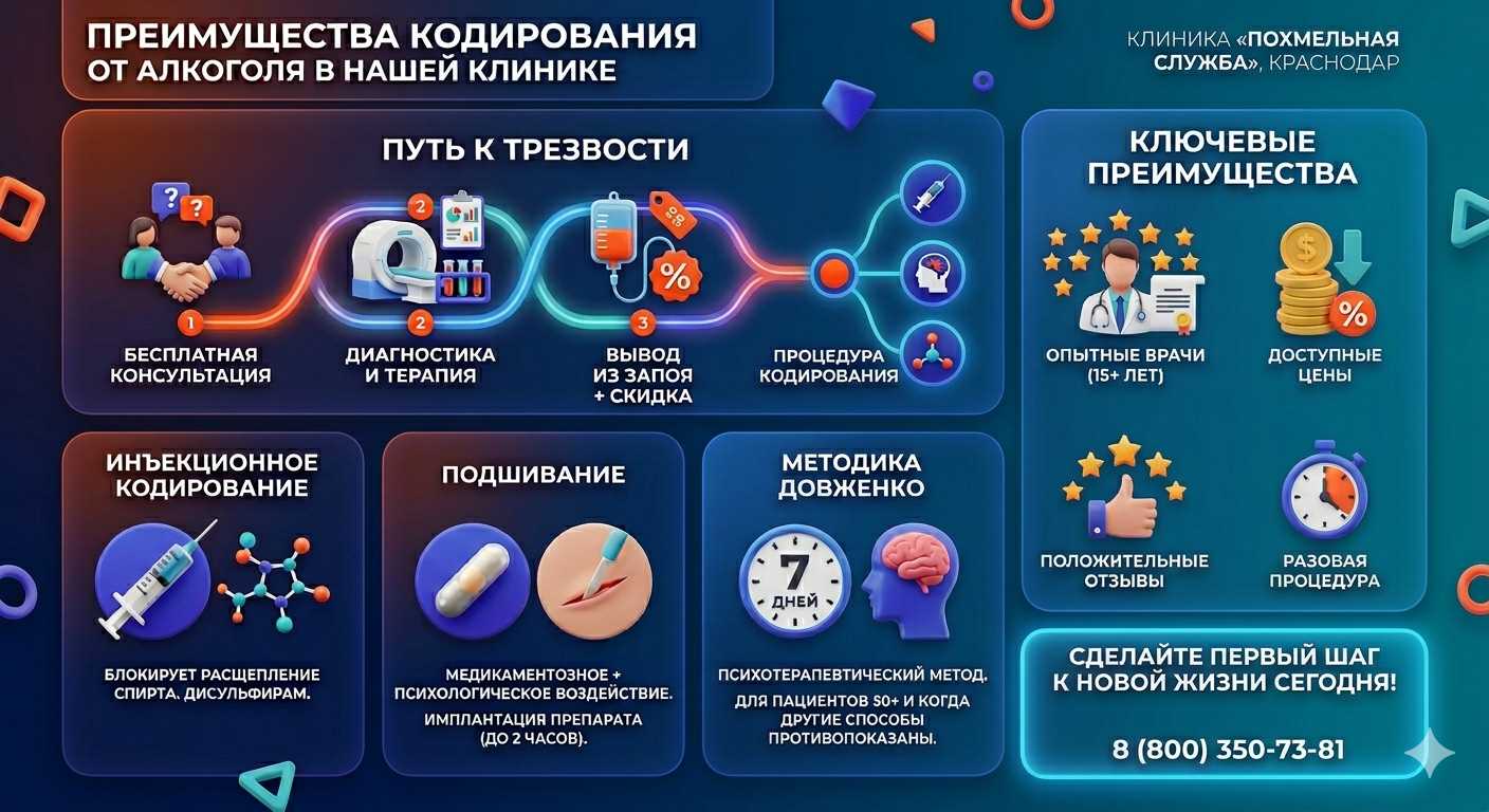 Инфографика о методах кодирования от алкоголя в Прохоровке: инъекции, подшивание, метод Довженко. Преимущества клиники и этапы лечения.