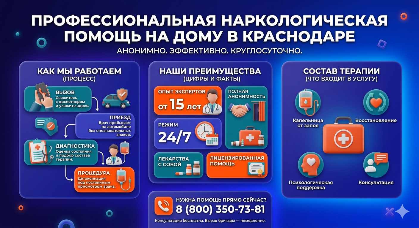 Инфографика о принципах лечения алкоголизма на дому в Прохоровке: этапы вызова нарколога, преимущества анонимной детоксикации и состав медицинской помощи.